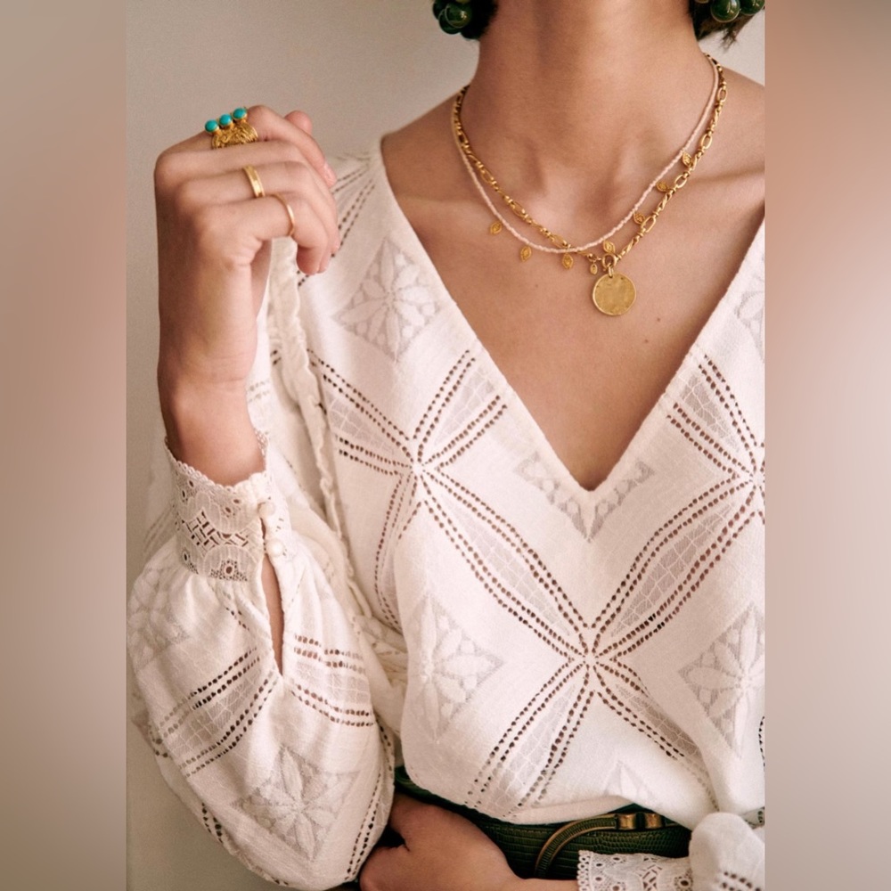 Sezane White Eyelet V-Neck Blouse